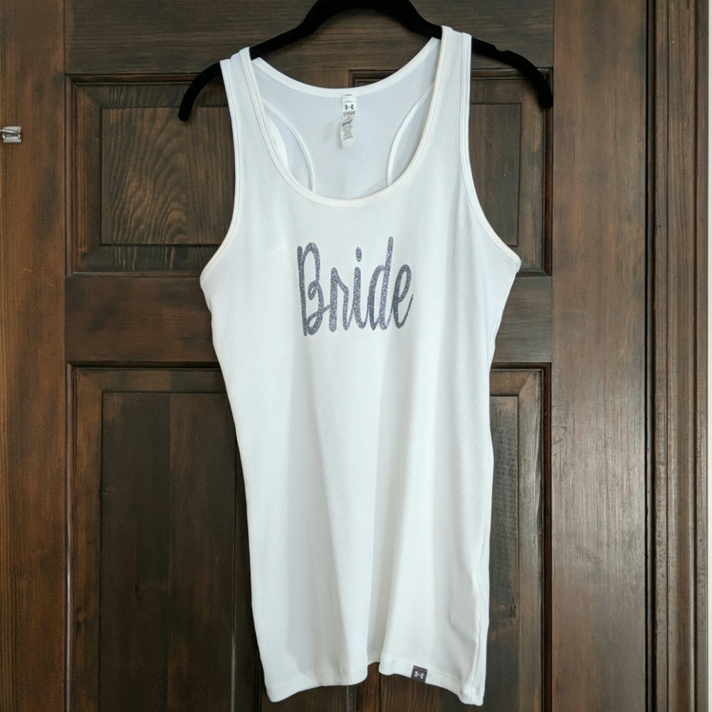 Under armour white heat gear tank, iron-on bride